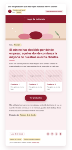 Ejemplo de email con los productos que más eligen los nuevos clientes
